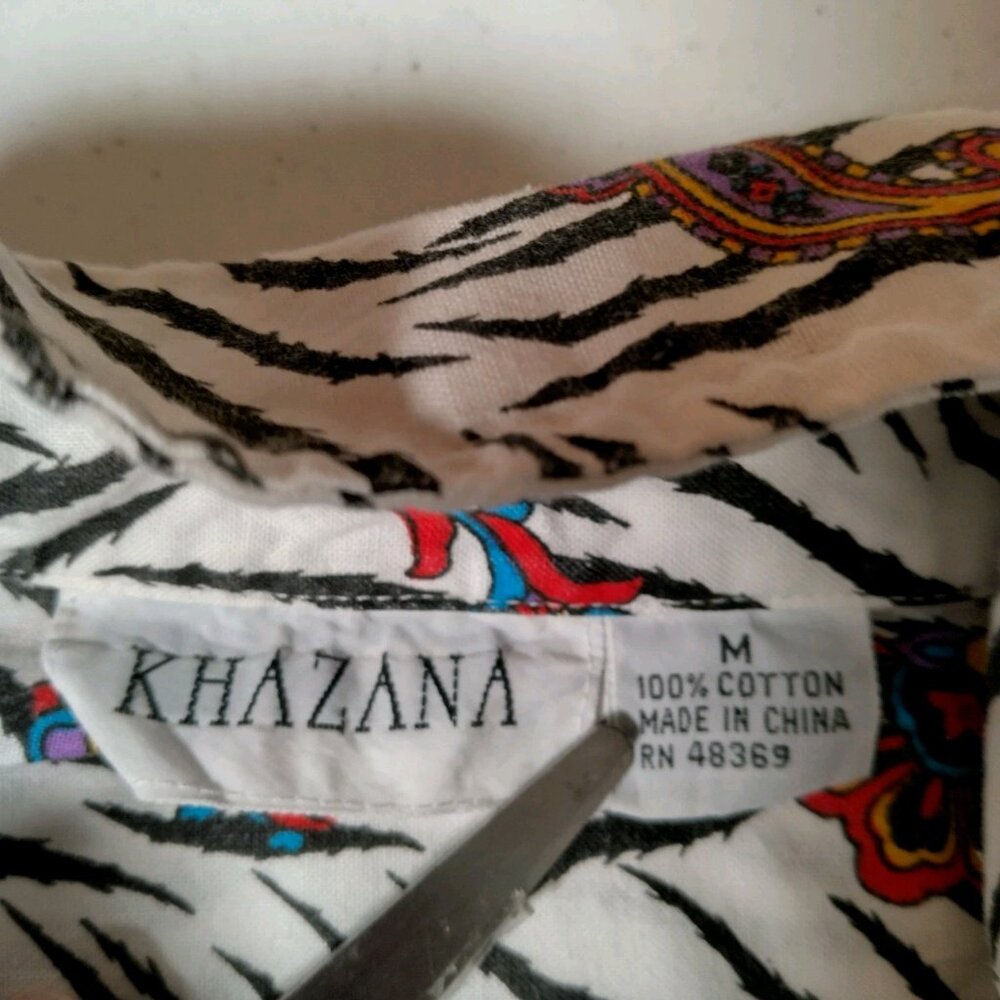 Vintage 1980s Khazana Blouse Shirt Medium Zebra Print Paisley Safari Short Slv - Picture 6 of 13